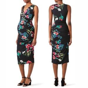 Anthropologie Maternity Tropical Floral Ruched V-Neck Sleeveless Midi Dress - S
